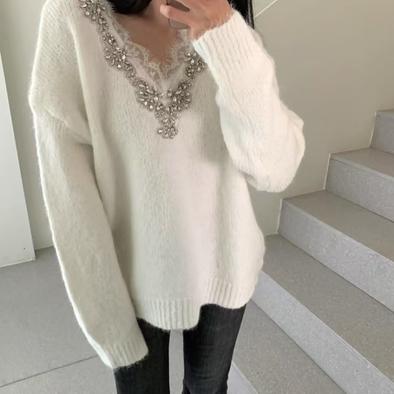 Rhinestone lace sweet style V-neck sweater