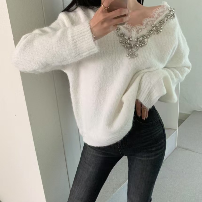 Rhinestone lace sweet style V-neck sweater