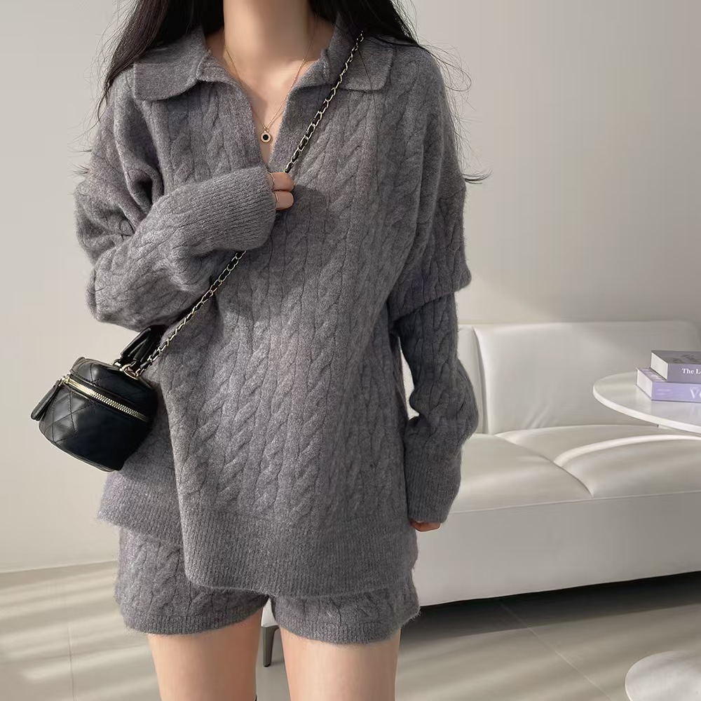 Lazy Korean style sweater twist shorts 2pcs set