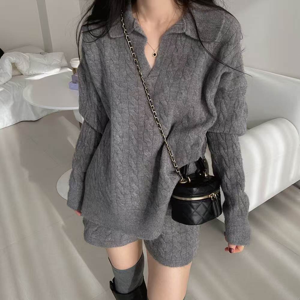 Lazy Korean style sweater twist shorts 2pcs set