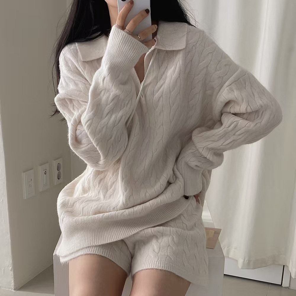 Lazy Korean style sweater twist shorts 2pcs set