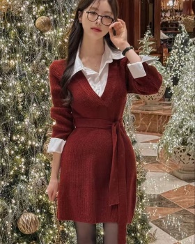 Korean style retro sweater dress mixed colors dress