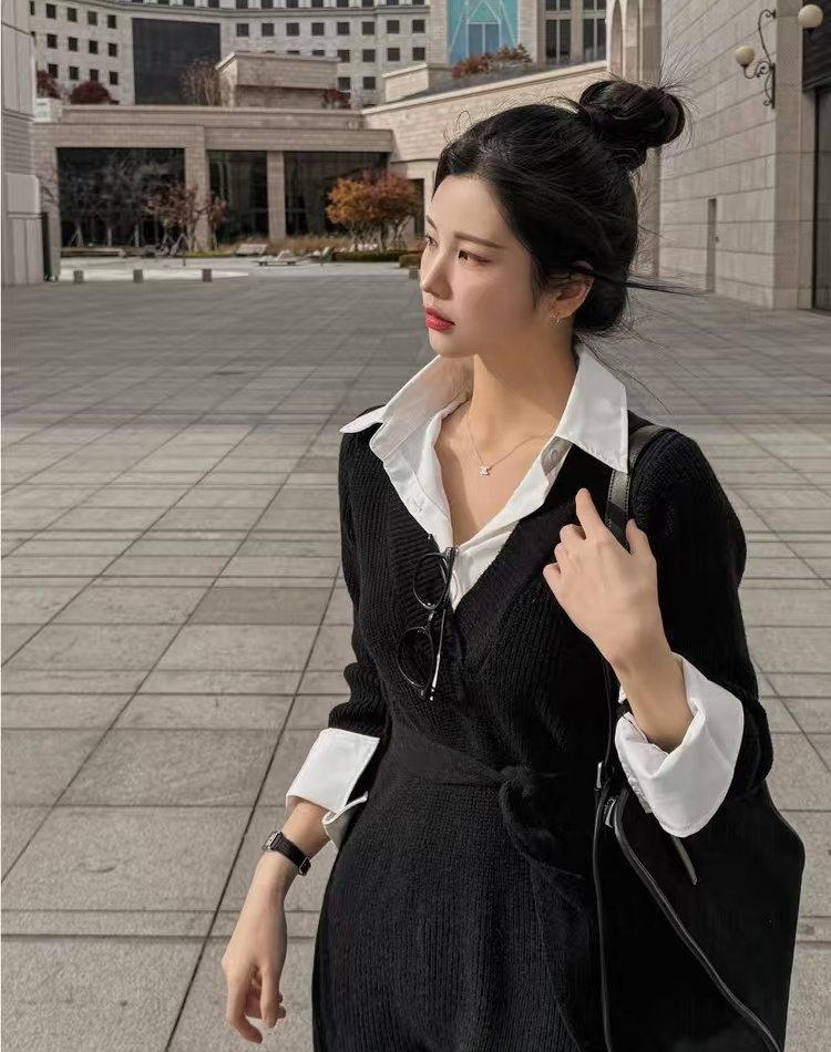 Korean style retro sweater dress mixed colors dress