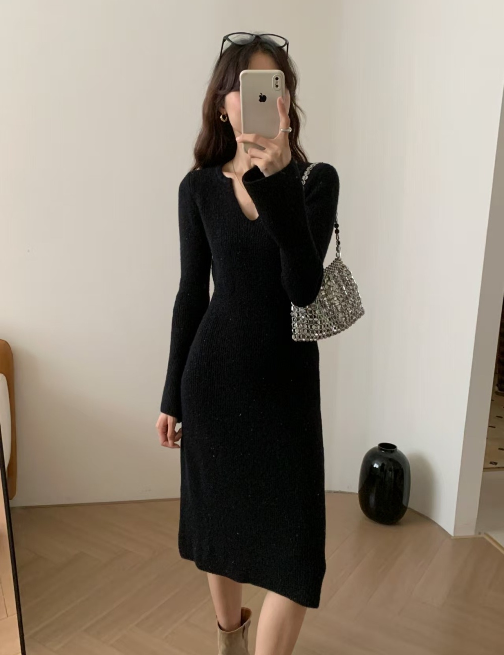 Liangsi slim temperament Korean style long sweater dress