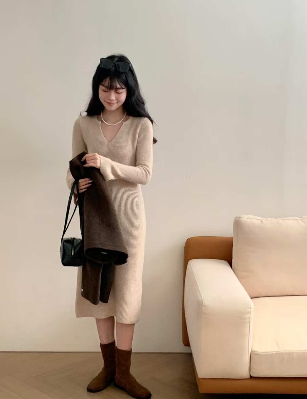 Liangsi slim temperament Korean style long sweater dress