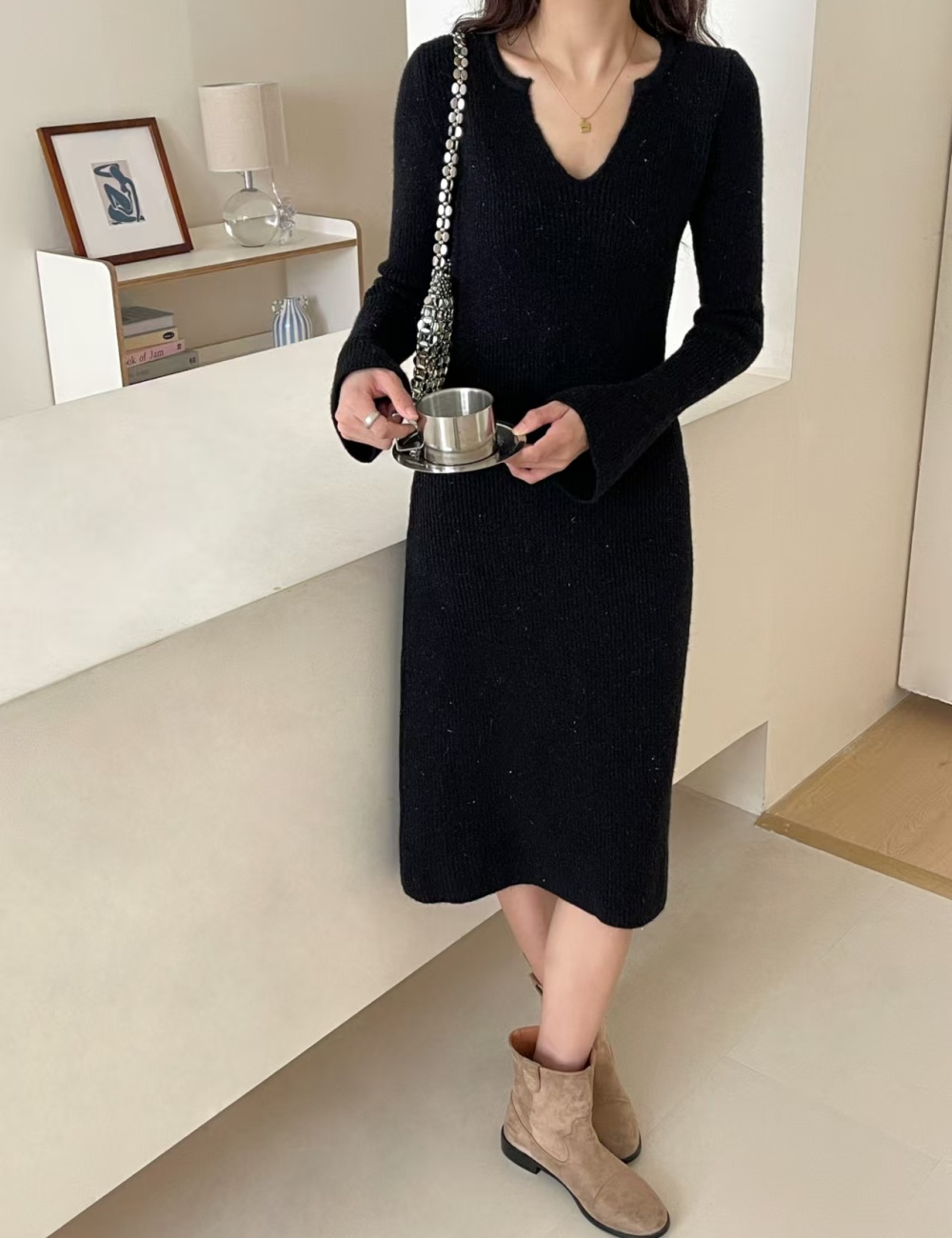 Liangsi slim temperament Korean style long sweater dress