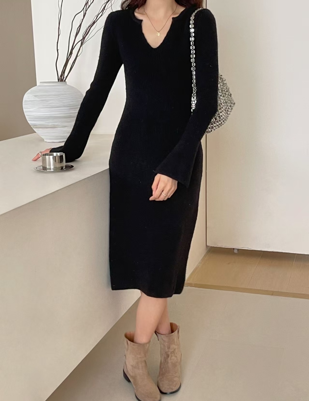 Liangsi slim temperament Korean style long sweater dress