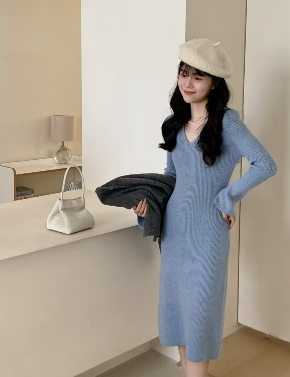 Liangsi slim temperament Korean style long sweater dress