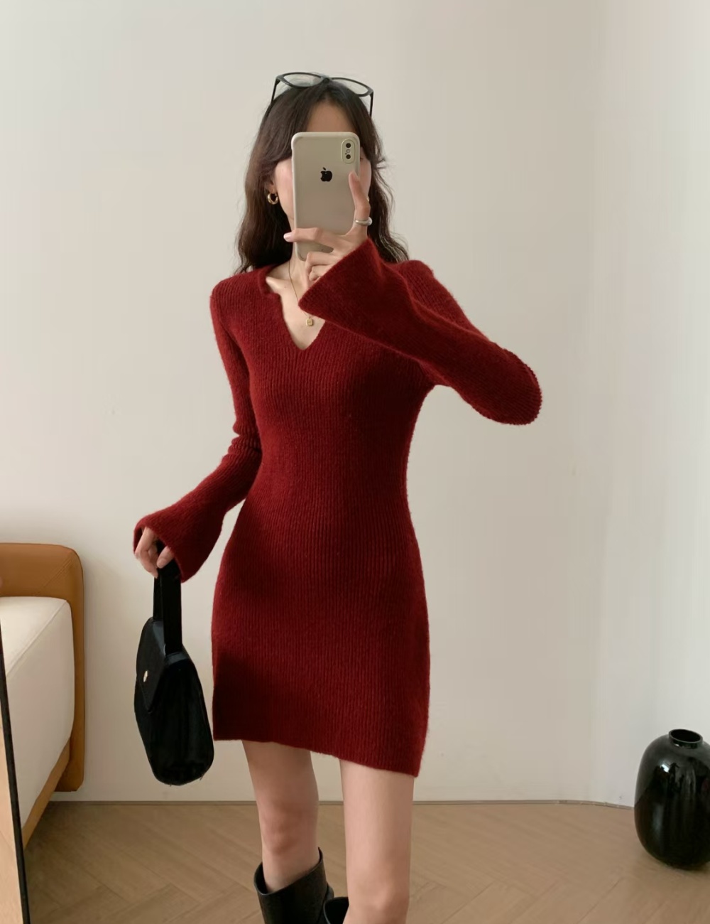 Slim short liangsi V-neck temperament Korean style sweater dress