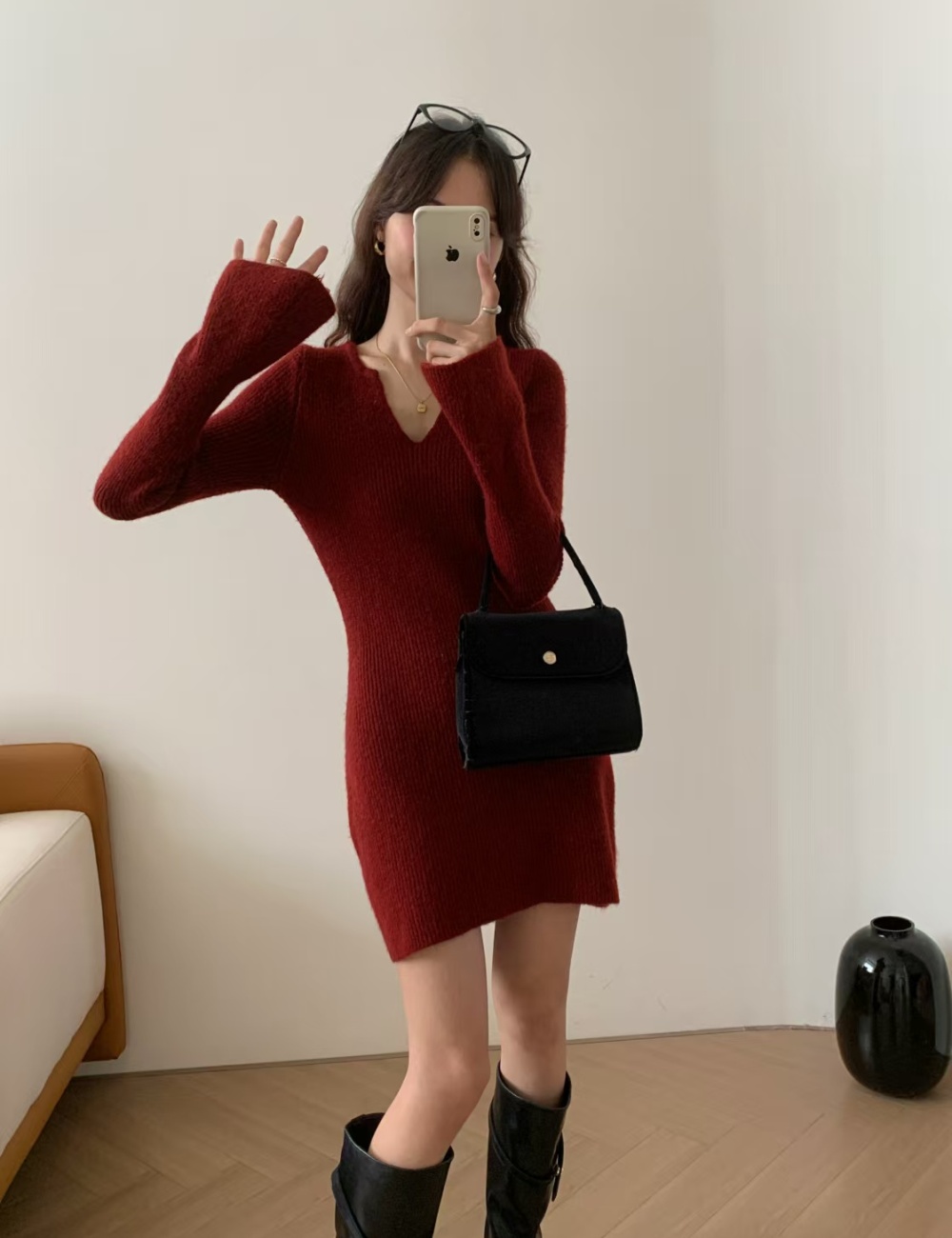 Slim short liangsi V-neck temperament Korean style sweater dress