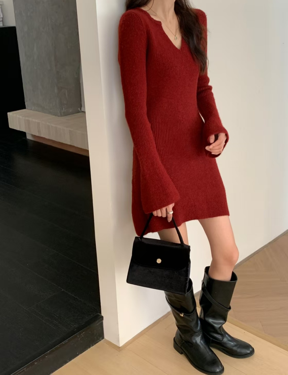 Slim short liangsi V-neck temperament Korean style sweater dress