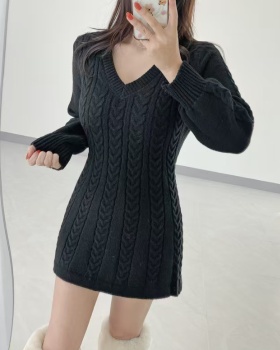 Twist pattern Korean style dress pinched waist sweater