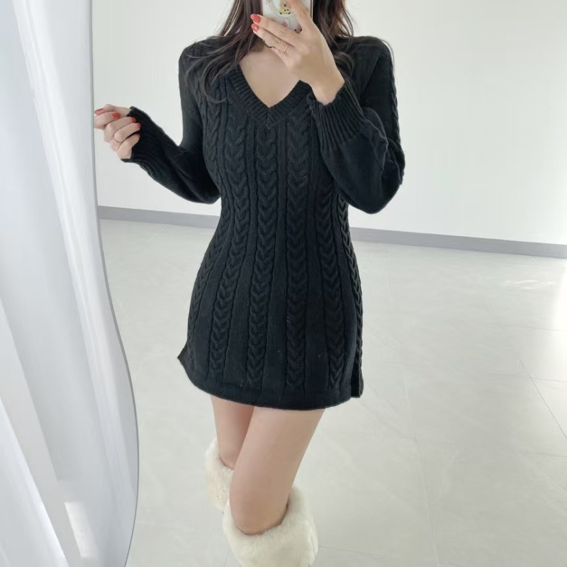 Twist pattern Korean style dress pinched waist sweater