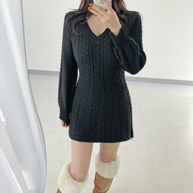 Twist pattern Korean style dress pinched waist sweater