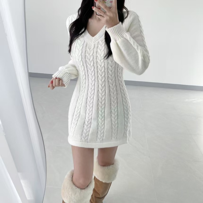 Twist pattern Korean style dress pinched waist sweater