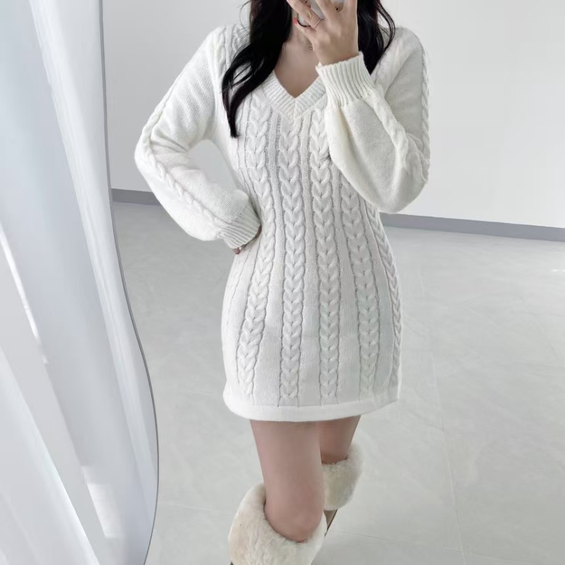 Twist pattern Korean style dress pinched waist sweater