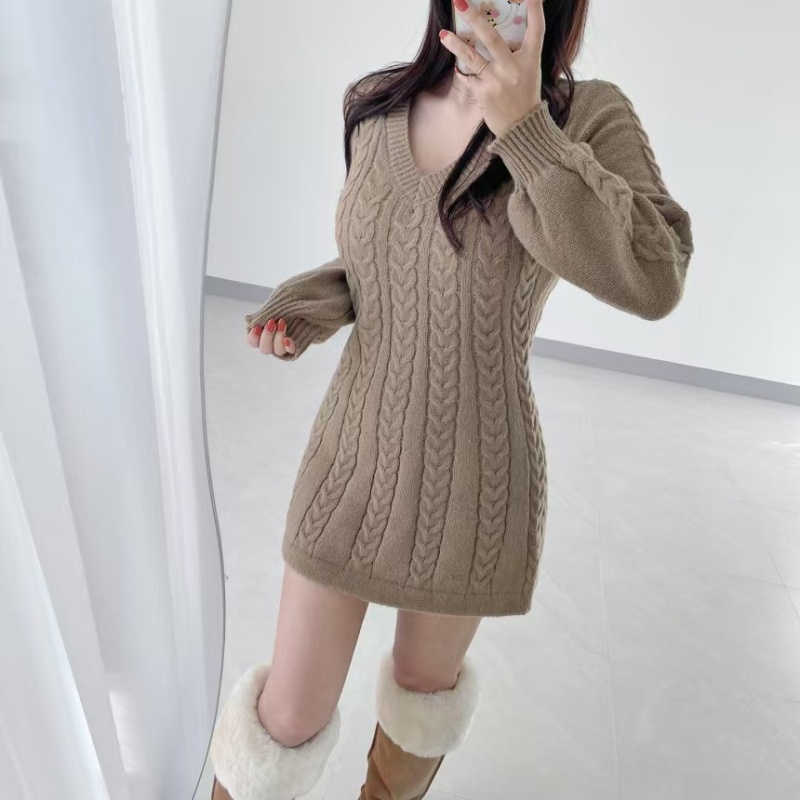 Twist pattern Korean style dress pinched waist sweater