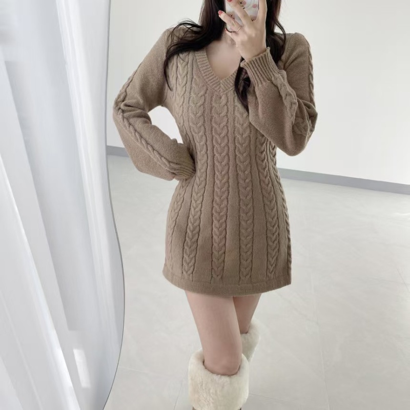 Twist pattern Korean style dress pinched waist sweater