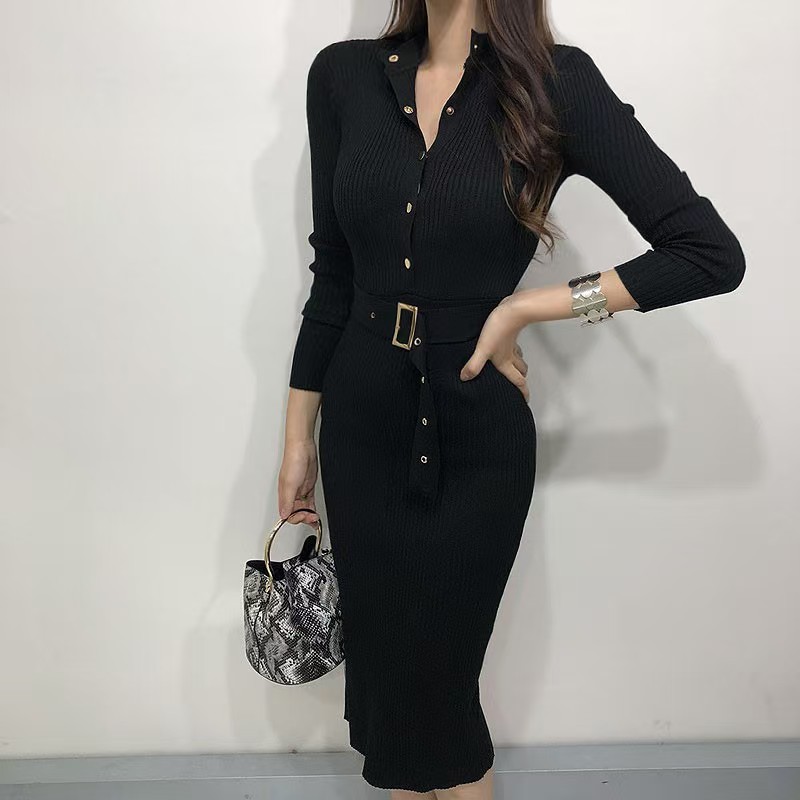 Slim package hip with belt knitted elegant dress