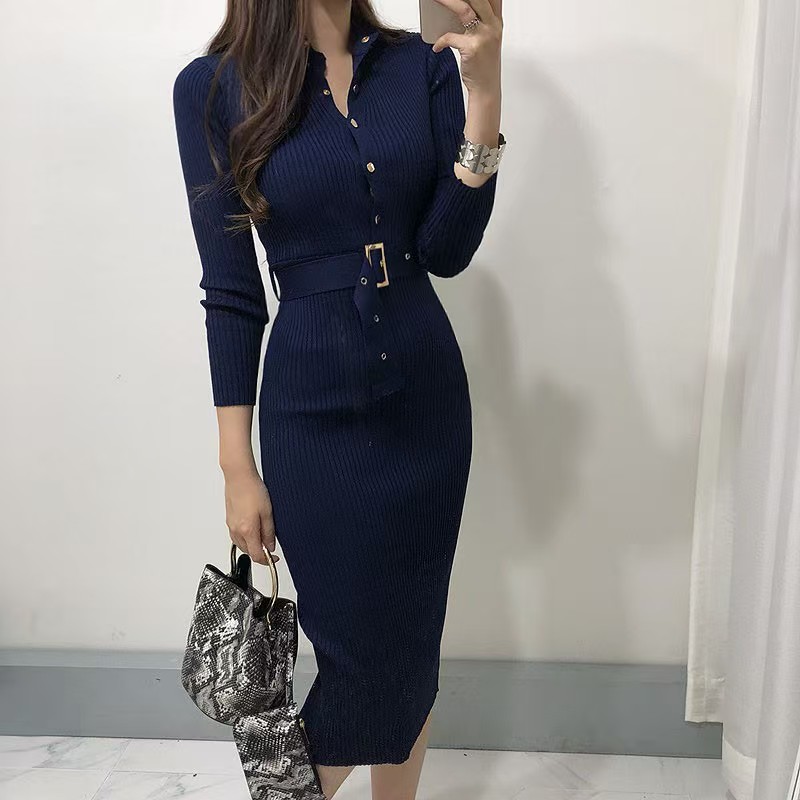 Slim package hip with belt knitted elegant dress