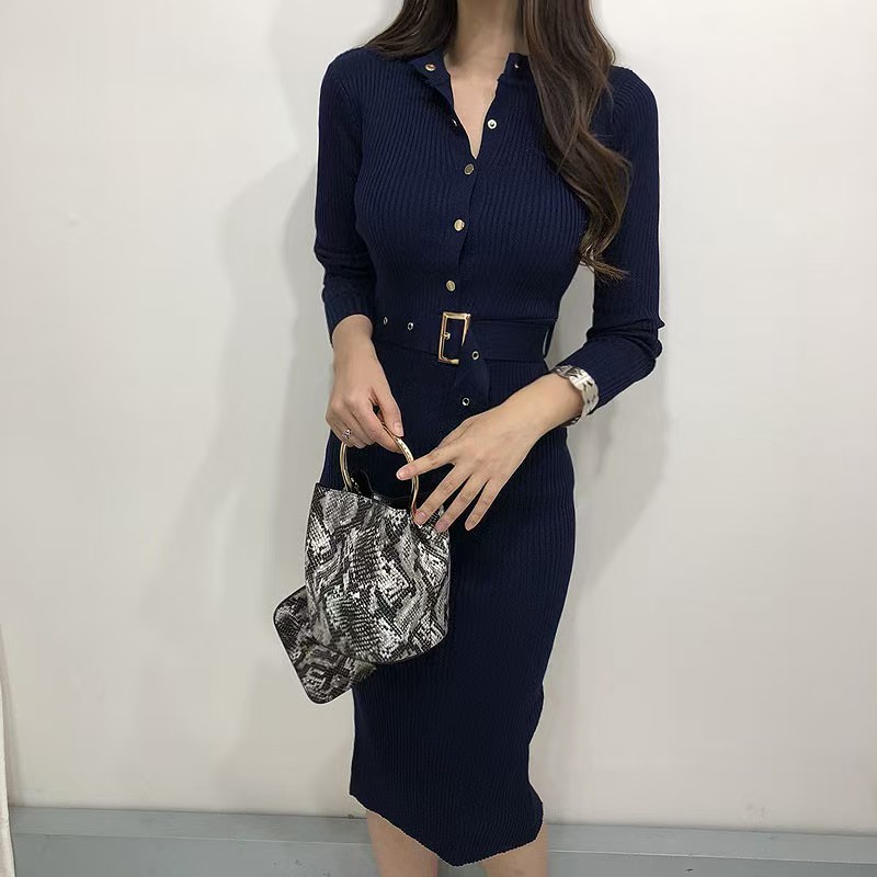 Slim package hip with belt knitted elegant dress