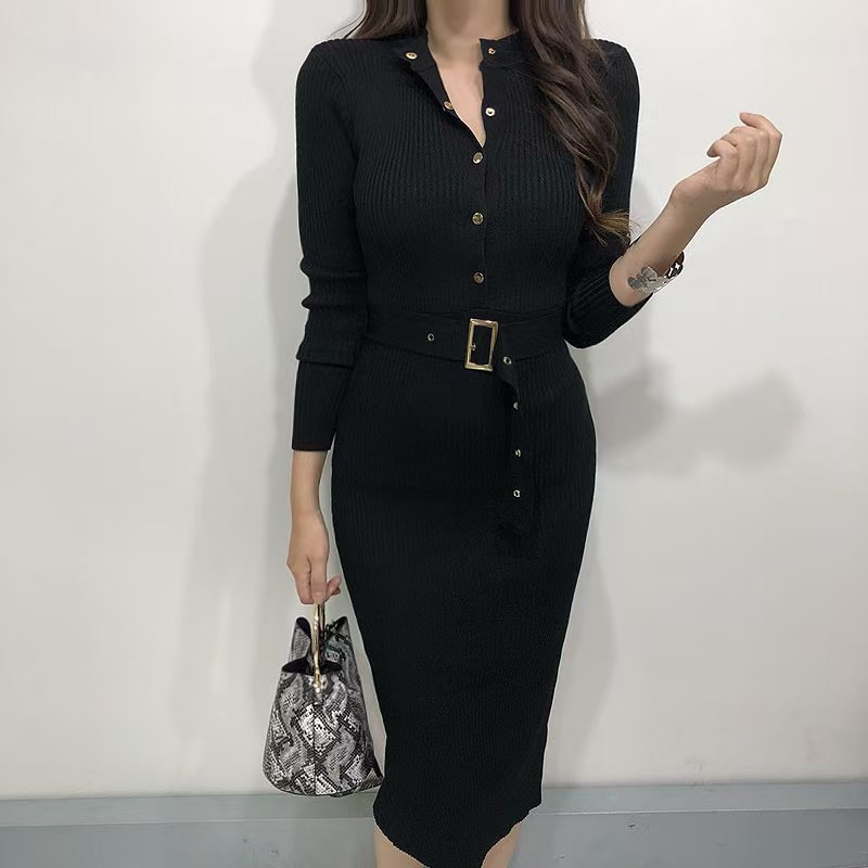 Slim package hip with belt knitted elegant dress