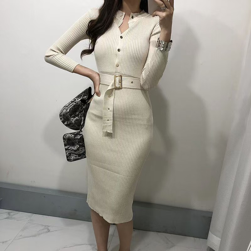 Slim package hip with belt knitted elegant dress