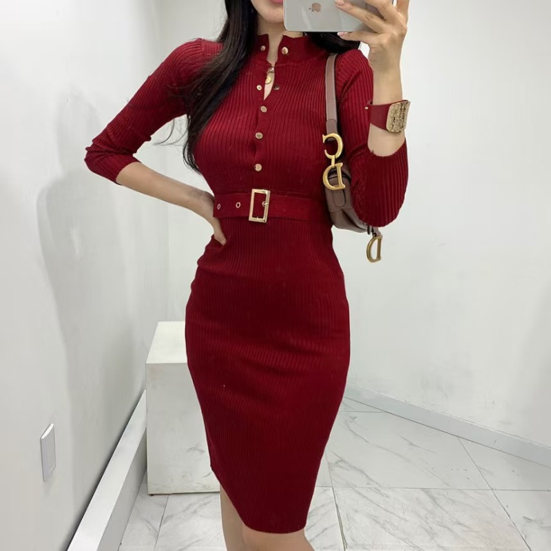 Slim package hip with belt knitted elegant dress