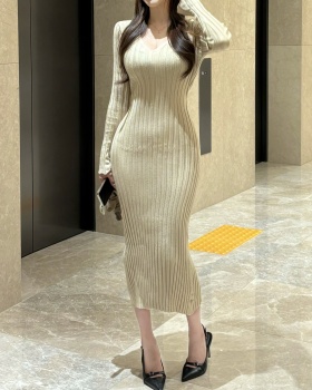 Pinched waist V-neck Korean style slim knitted frenum dress