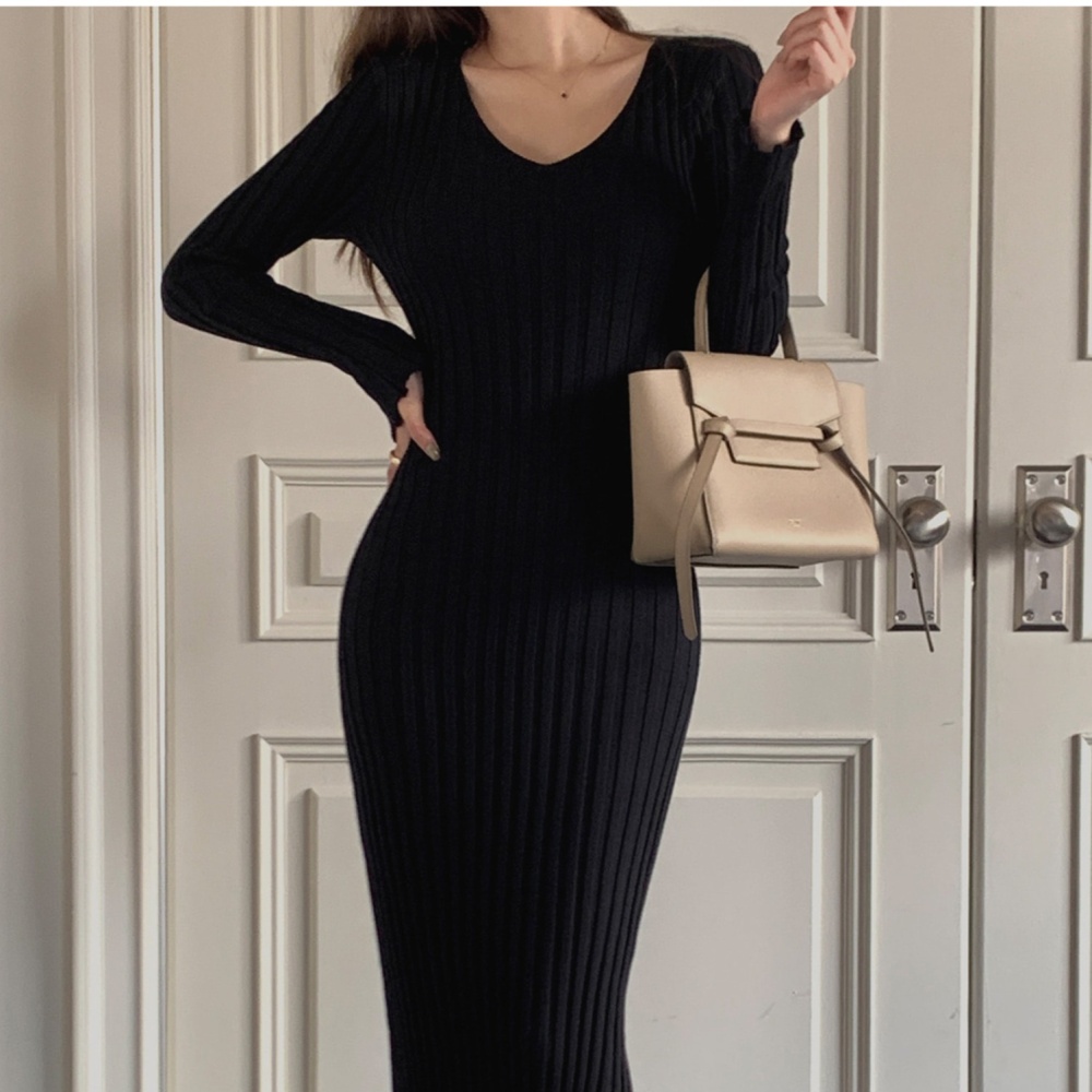 Pinched waist V-neck Korean style slim knitted frenum dress