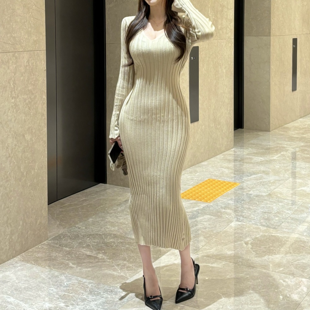 Pinched waist V-neck Korean style slim knitted frenum dress