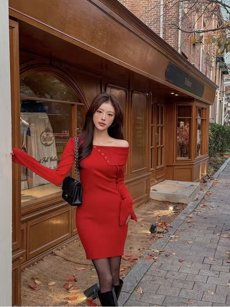 Slim lapel irregular Korean style dress