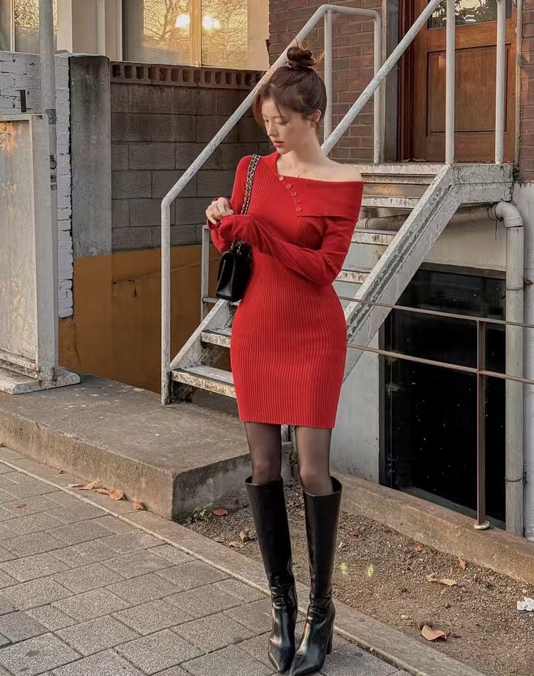 Slim lapel irregular Korean style dress