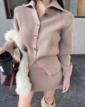 Pure lapel cardigan knitted single-breasted skirt a set