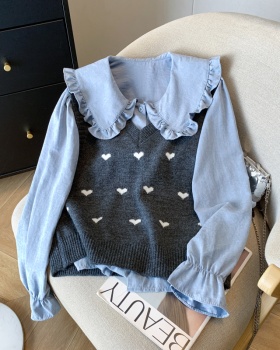 Heart knitted tops long sleeve shirt 2pcs set for women