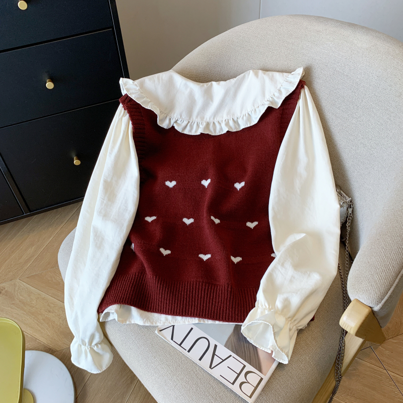 Heart knitted tops long sleeve shirt 2pcs set for women