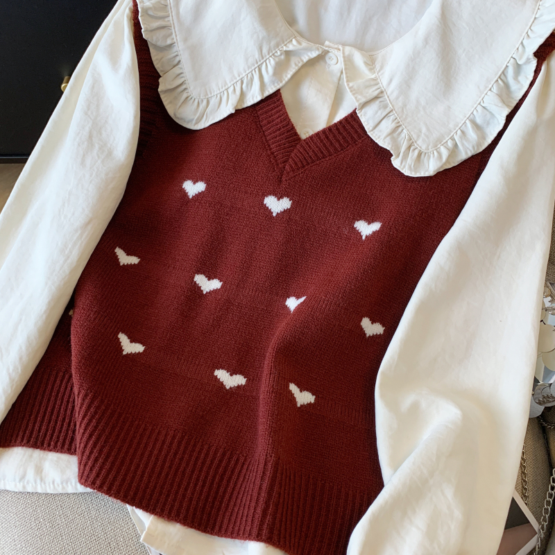 Heart knitted tops long sleeve shirt 2pcs set for women