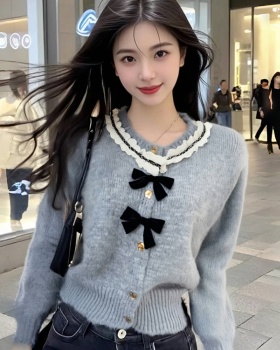 Temperament chanelstyle winter cardigan round neck bow sweater