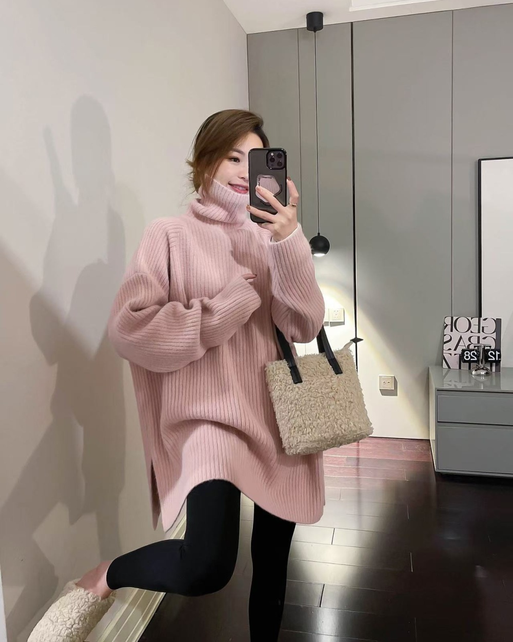 Lazy pink thick sweater bottoming long tops for women