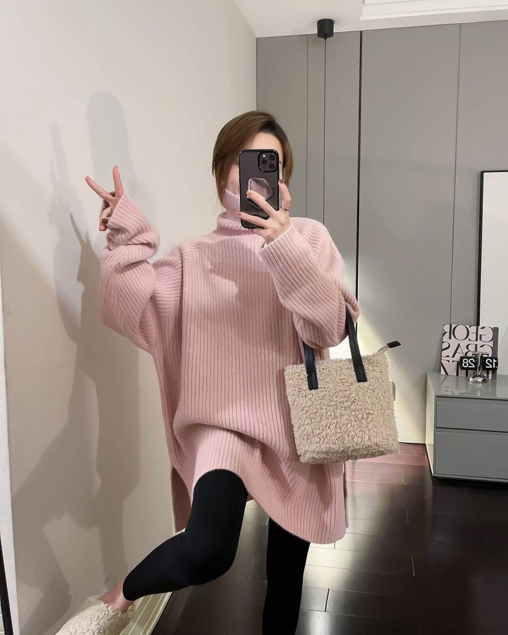 Lazy pink thick sweater bottoming long tops for women