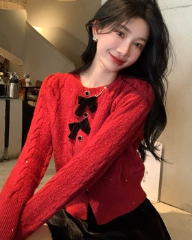 Knitted red unique sweater bow christmas tops for women