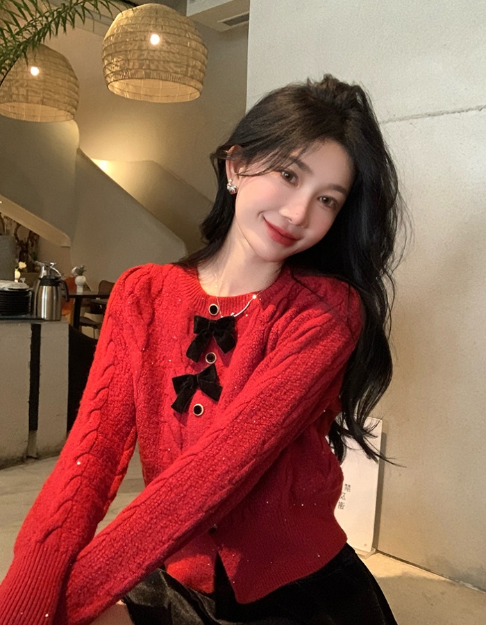 Knitted red unique sweater bow christmas tops for women