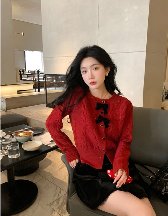 Knitted red unique sweater bow christmas tops for women