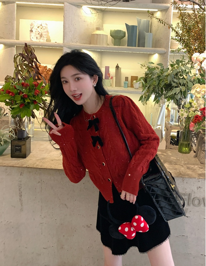 Knitted red unique sweater bow christmas tops for women