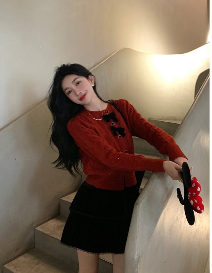 Knitted red unique sweater bow christmas tops for women