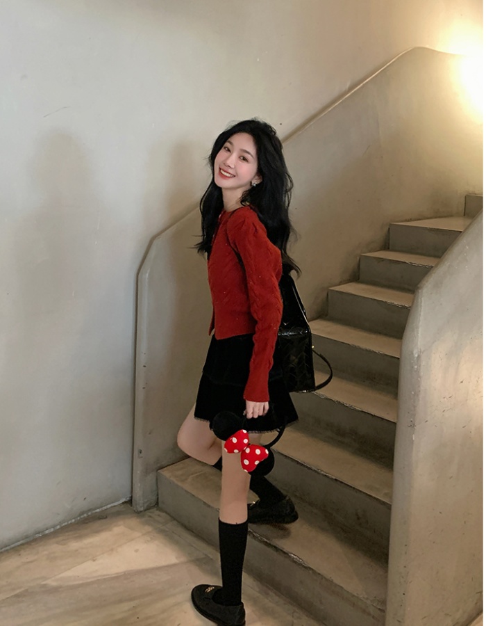 Knitted red unique sweater bow christmas tops for women