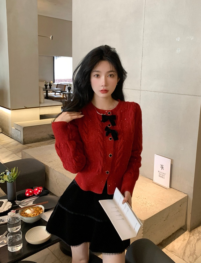 Knitted red unique sweater bow christmas tops for women