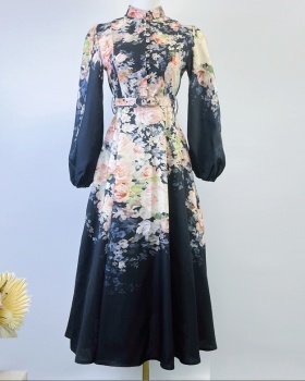 European style single-breasted long lantern sleeve pocket dress