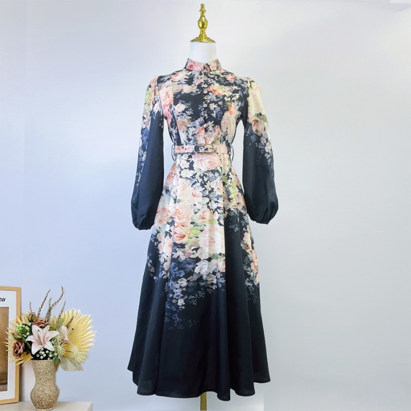 European style single-breasted long lantern sleeve pocket dress