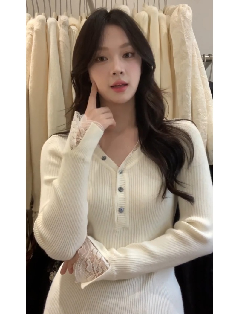 Lace shell buckle tops autumn and winter sweater